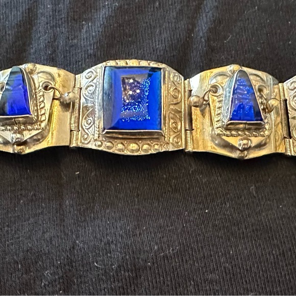 💙💙GORGEOUS!!💙💙Mexican diety blue glass tone mask panel bracelet. Marked 925. - Picture 4 of 6